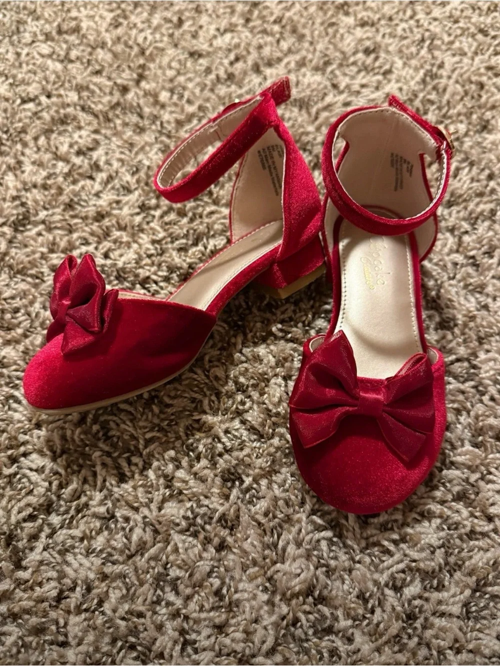 Girls Red Velvet Ankle-Strap Dress Shoes with Bow Accent